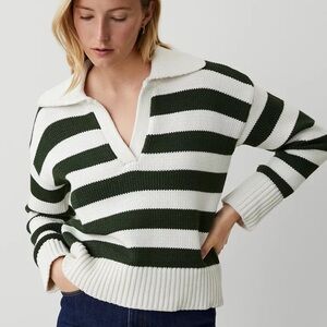 Ann Taylor Weekend Stripe Collared Sweater in Green/White - Size Small